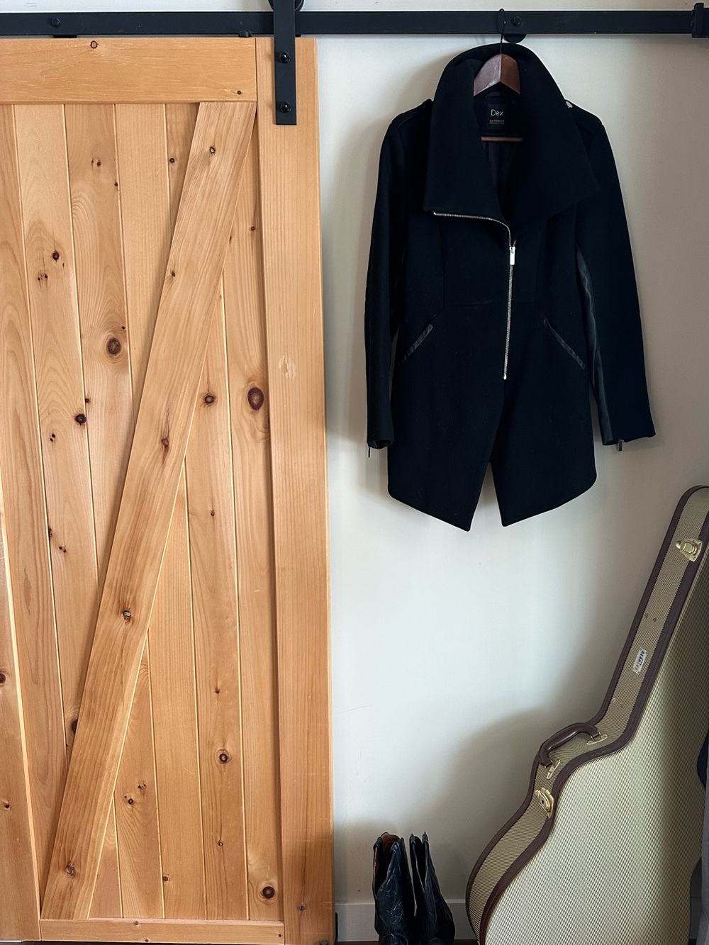 Dex Wool Coat- Asymmetric Zip/ High Collar, Leather Sleeve Trench